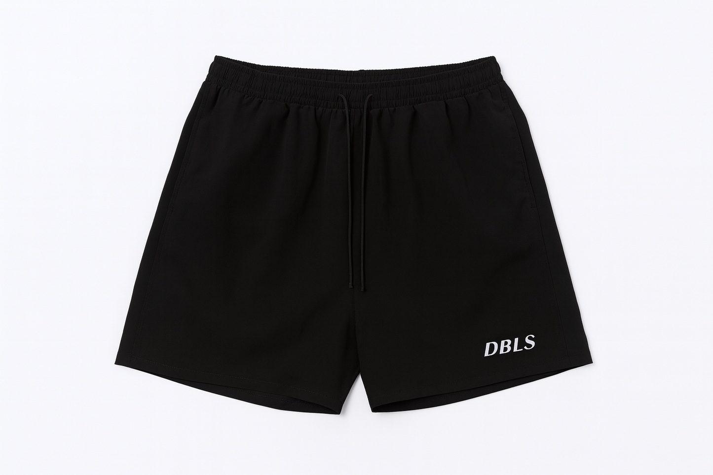 Black athletic shorts with 'DBLS' branding on a white background