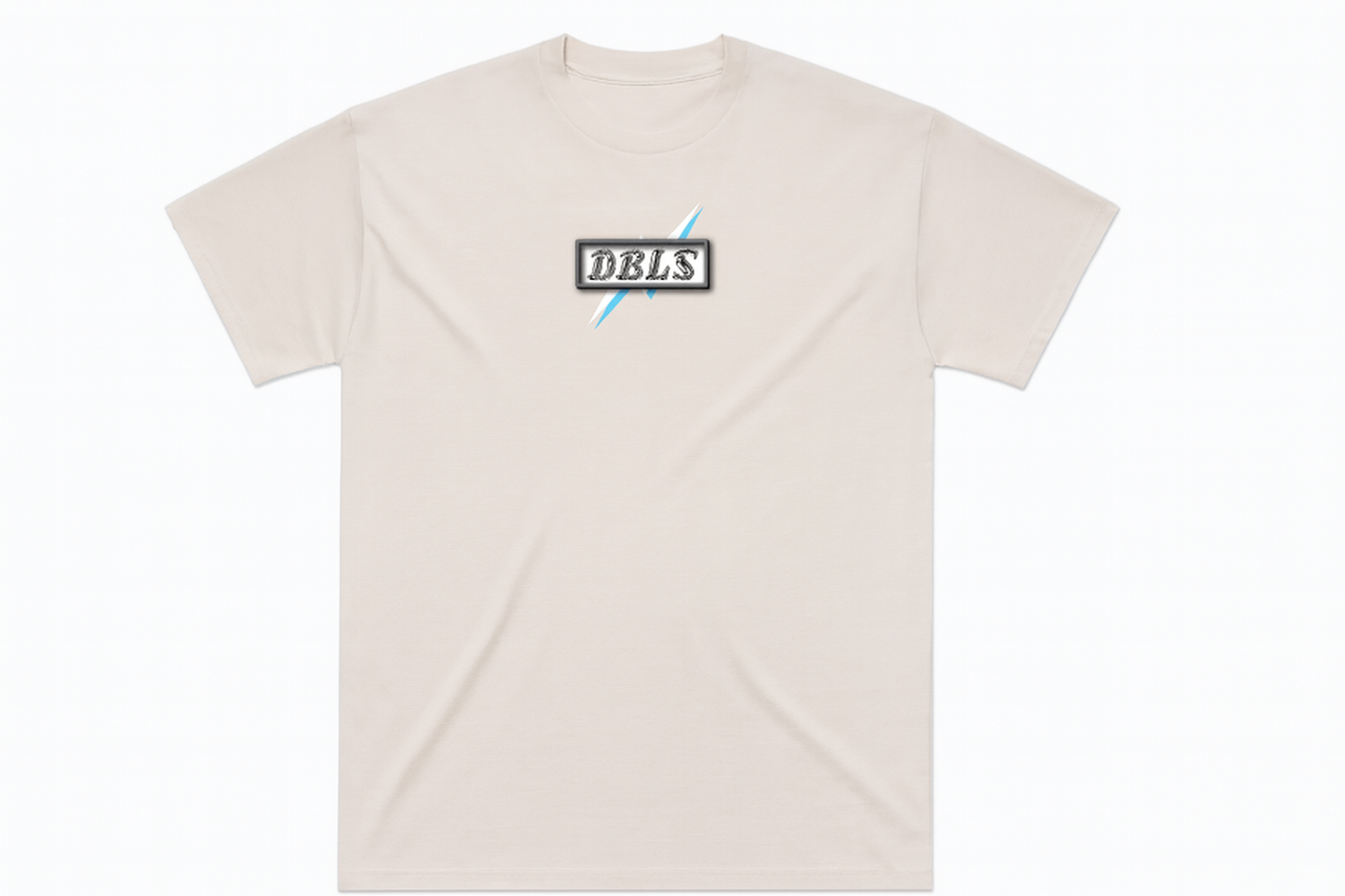 Beige t-shirt with a logo on the chest against a white background with lightning coming out
