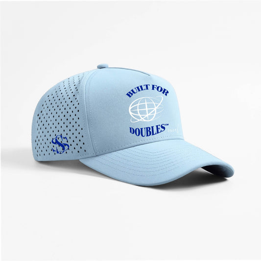 Light blue baseball cap with text and logo on a white background