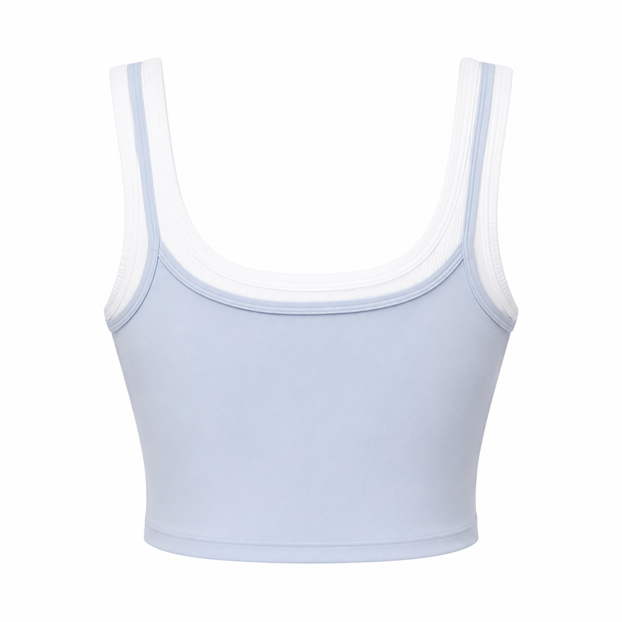 Light blue sports bra with thin straps on a white background