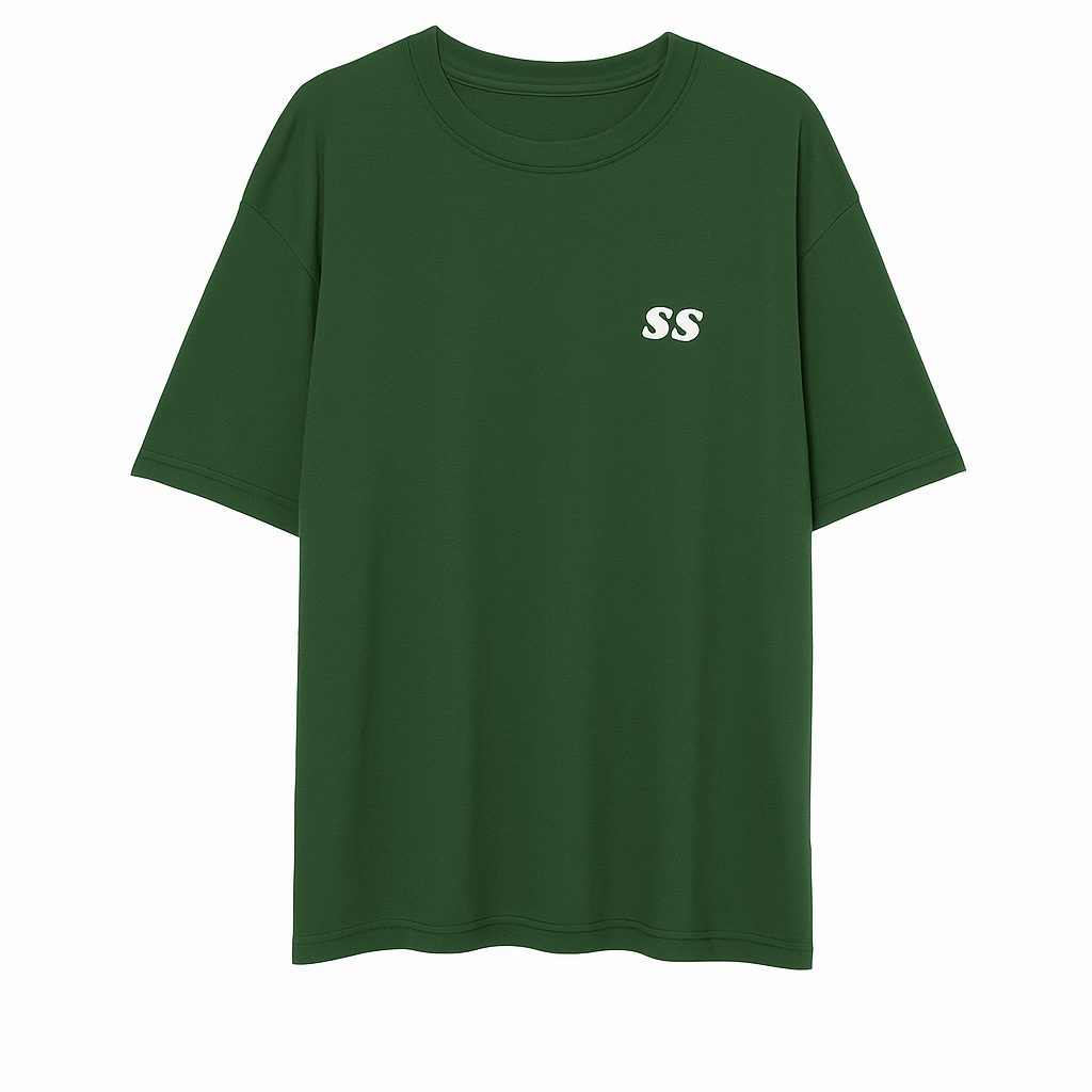 Green t-shirt with a small white SS logo on the front over the left side of the chest