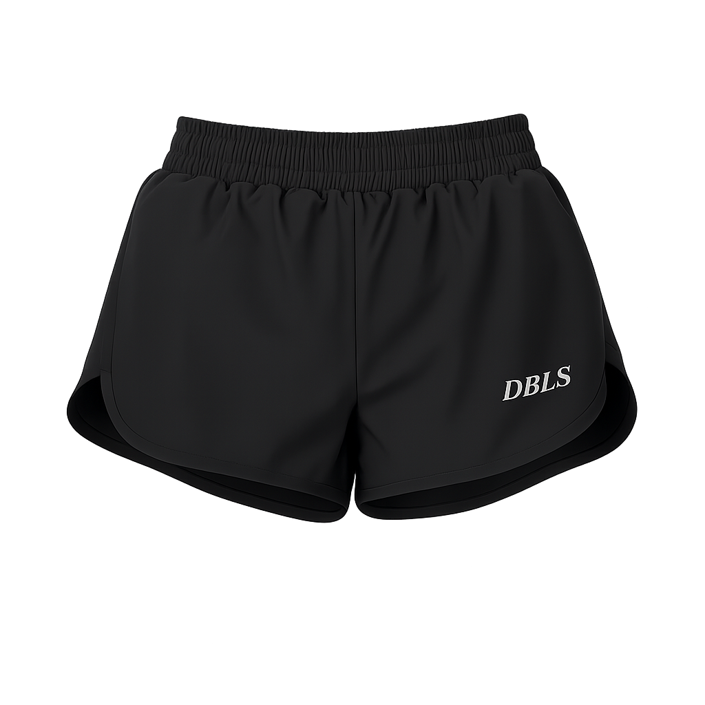Black shorts with 'DBLS' branding on a white background