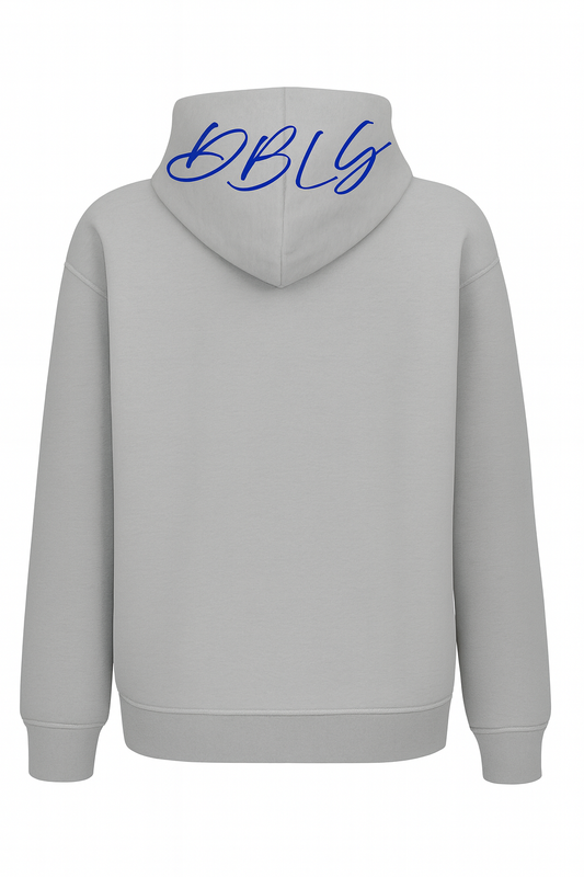 Gray hoodie with 'DBLS' branding on the back written in royal blue cursive on the hood