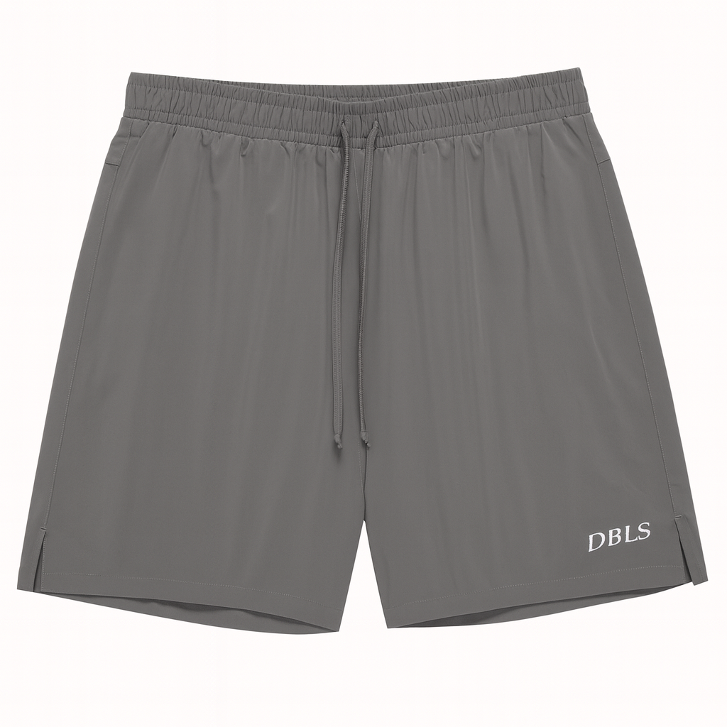Gray shorts with 'DBLS' logo on a white background