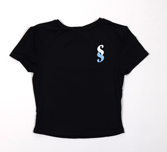 black short sleeve women's activewear top with the SS logo in the front
