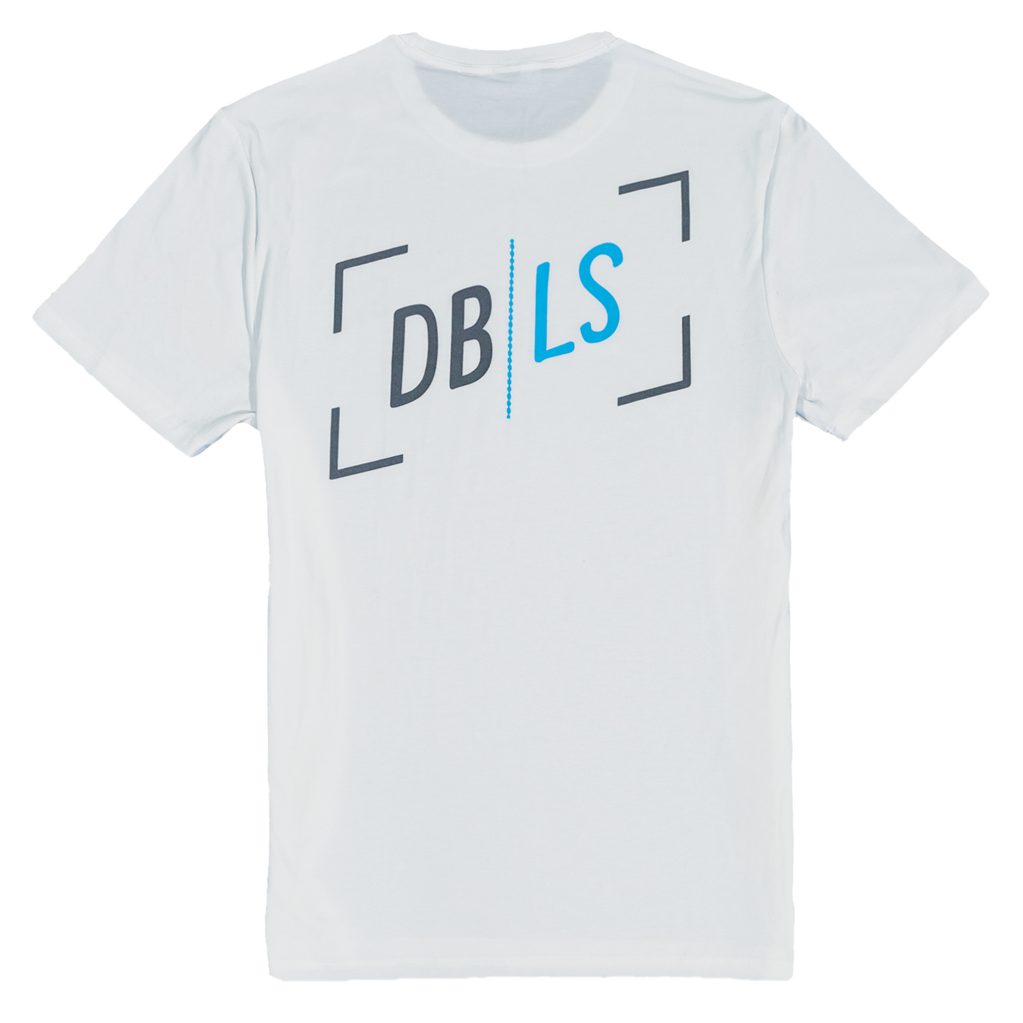 showing the back of the white ssnap quick dry tee with the DBLS in the center of the back