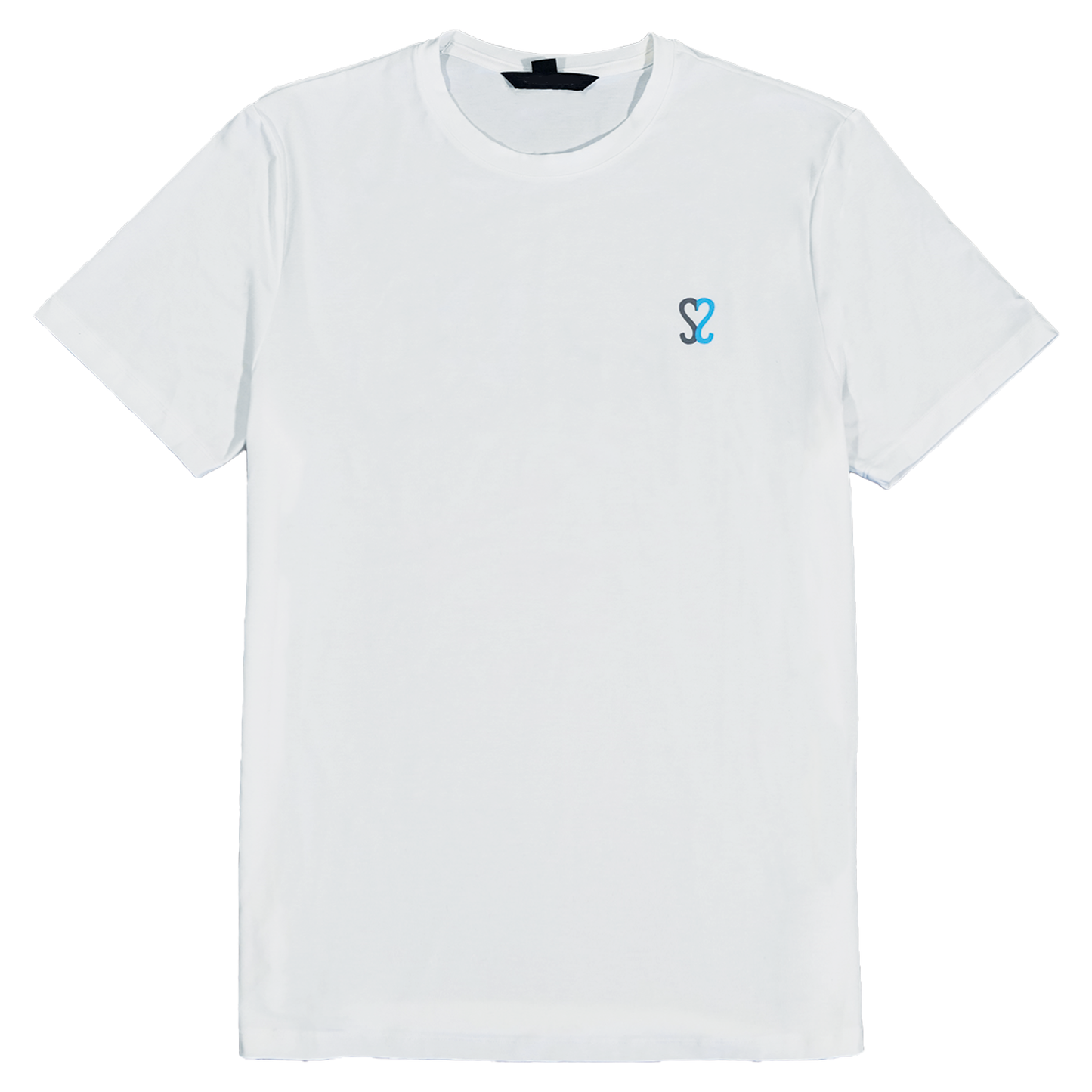 showing the front of the white quick dry tee, ss logo is on the left side of the chest