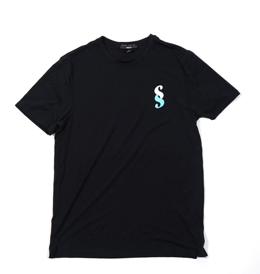 A black short-sleeved crew neck t-shirt with a blue letter 'SS' logo on the chest.