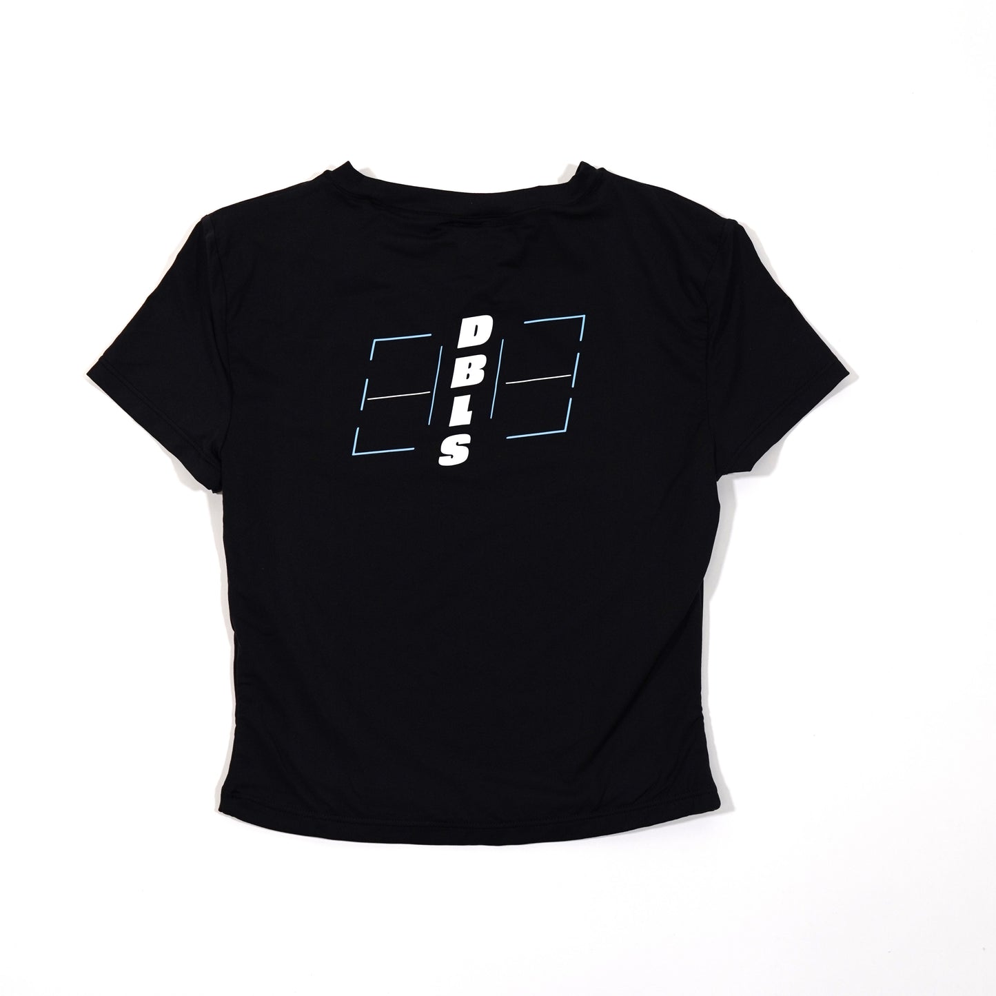 Black women's activewear top with DBLS going down the spine with a pickleball court around it