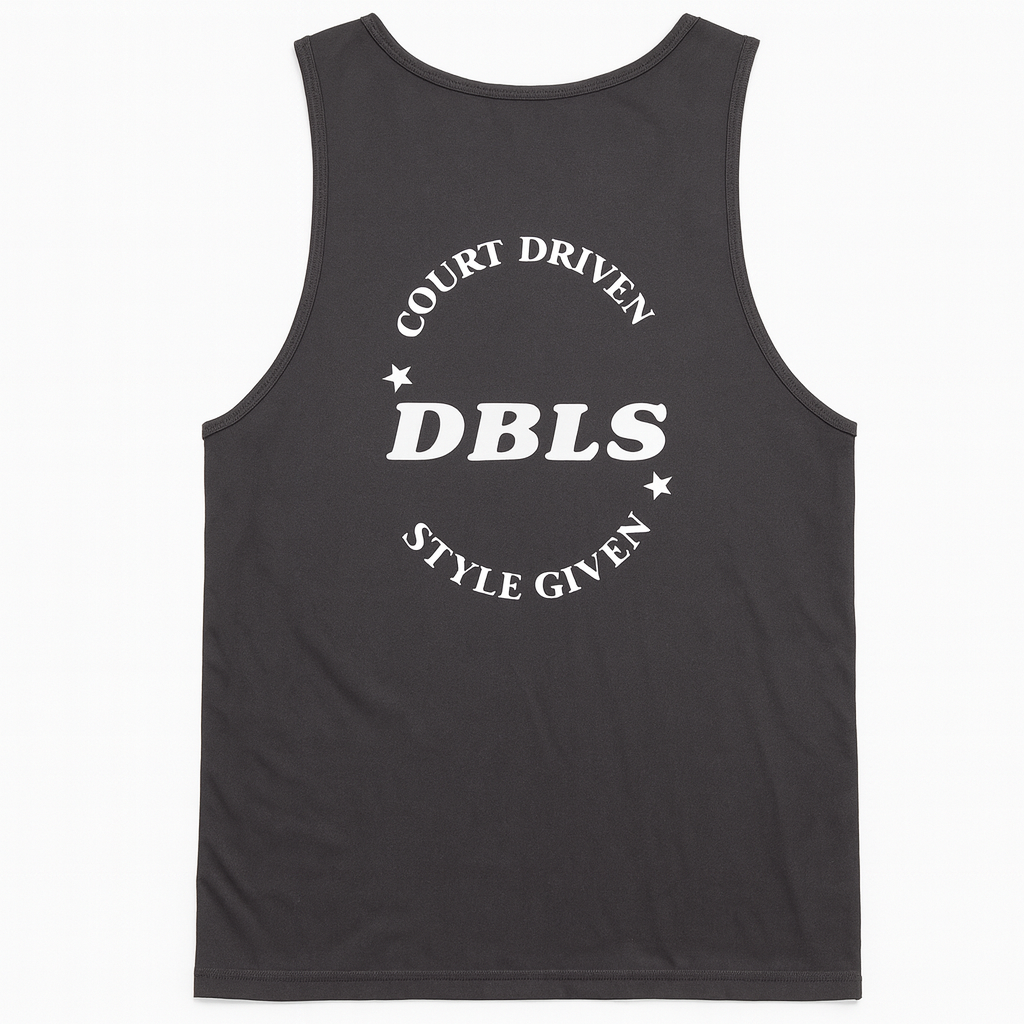 Grey tank with court driven style given in the back in the shape of an S with DBLS in the middle
