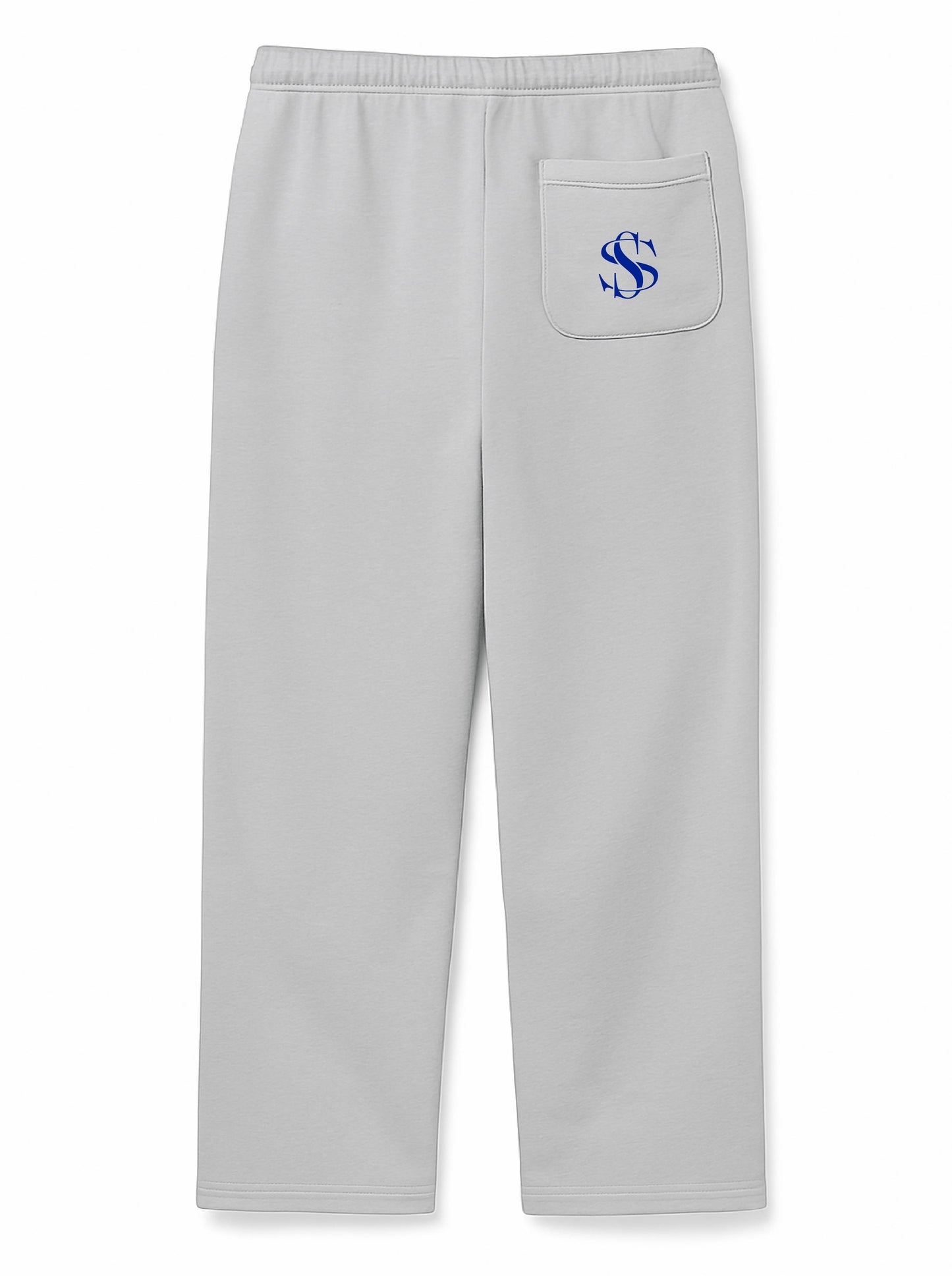 Gray sweatpants with a blue SS on pocket on a white background