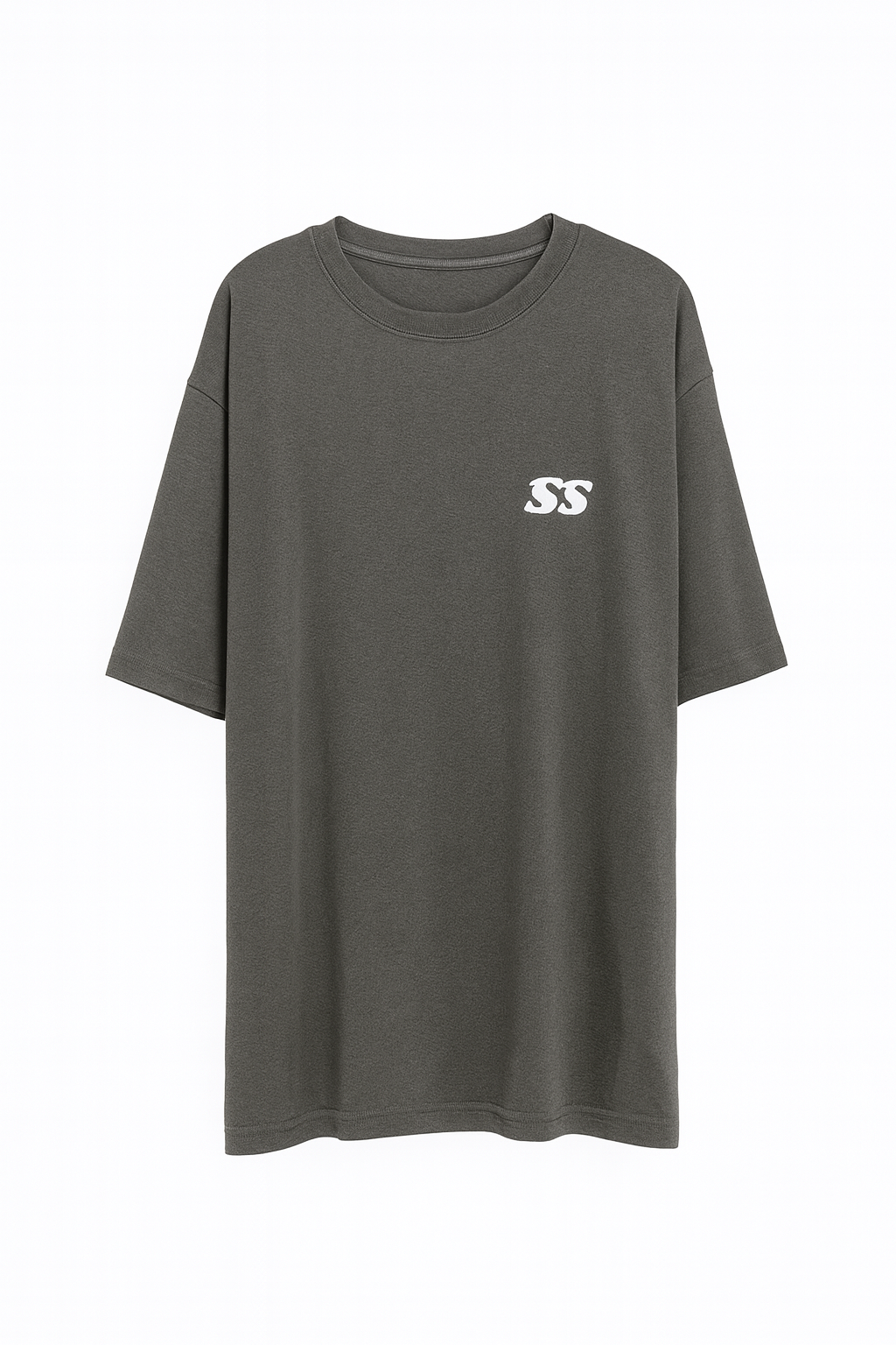 Gray t-shirt with a small white SS logo on the front over the chest