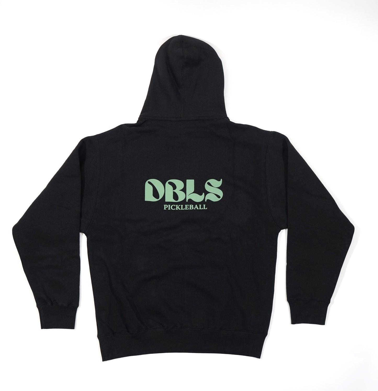 back of the ssalary hoodie, dbls pickleball in the back of the black hoodie