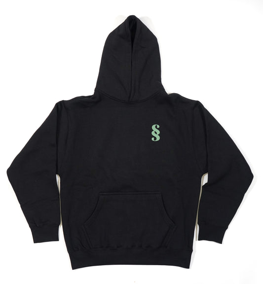A black hooded sweatshirt with the ss logo the chest.