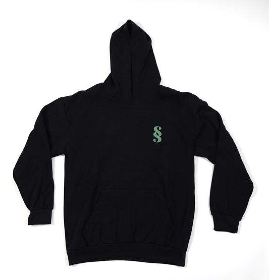 Black hoodie with a green SS logo on the front, no drawstrings, and a relaxed fit.