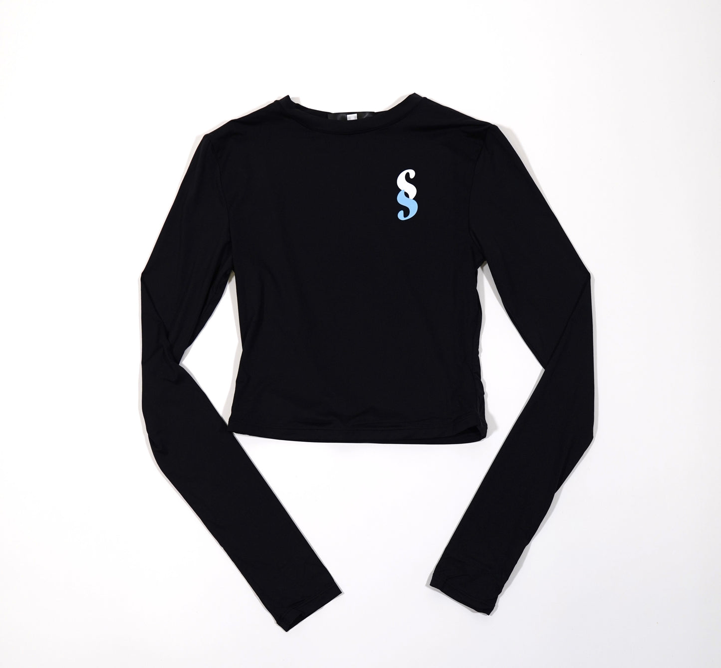 A black long sleeve top with a small blue 'SS' logo on the chest area, displayed on a blue and white background.