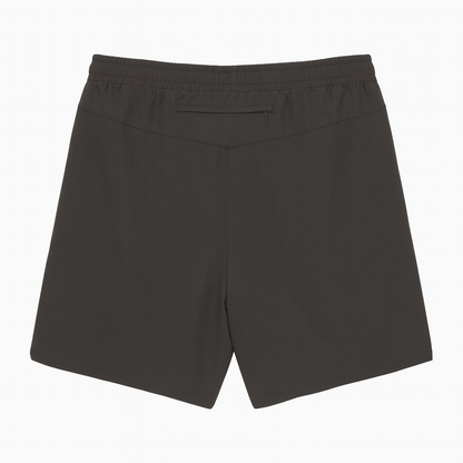 Black shorts with zipper on back straight across on a white background 