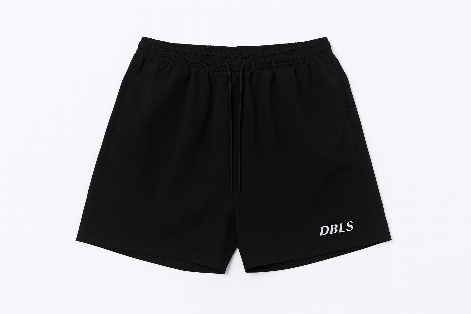 Black athletic shorts with 'DBLS' branding on a white background