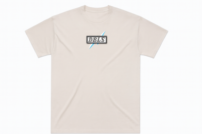 Beige t-shirt with a logo on the chest against a white background with lightning coming out