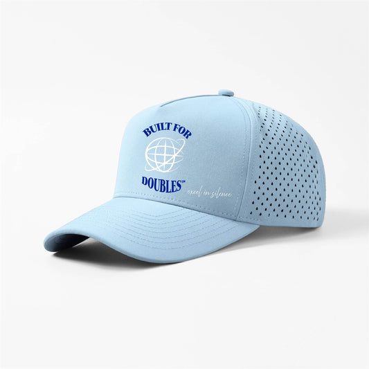 Light blue baseball cap with Built For Doubles excel in silence text on a white background