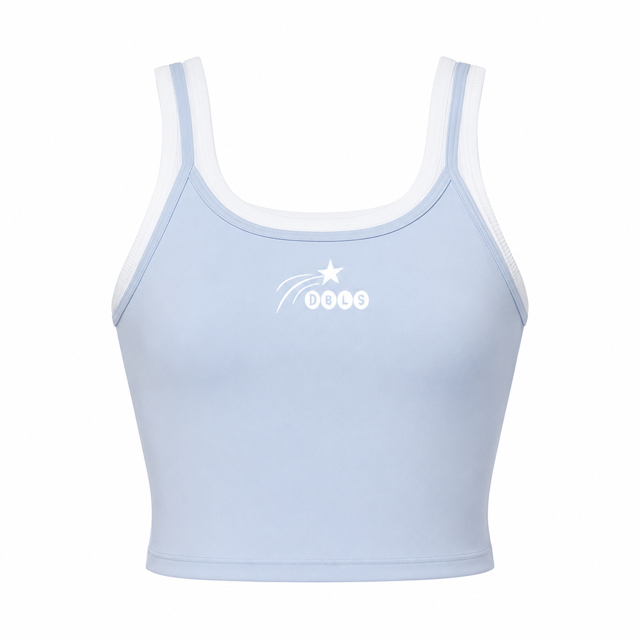 Light blue sports bra with white straps on a white background and logo DBLS w a shooting star