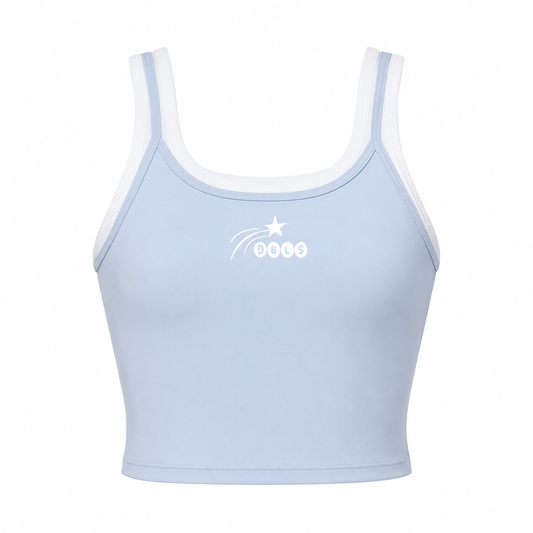 Light blue sports bra with white straps on a white background and logo DBLS w a shooting star
