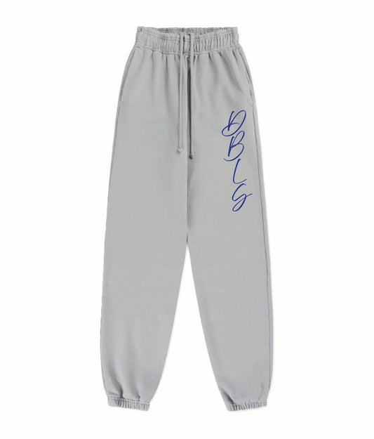 Light gray sweatpants with blue 'DBLS' logo on the side going down the leg