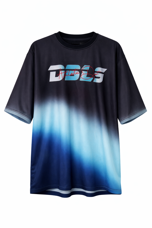 Black and blue gradient t-shirt with 'DBLS' logo and Athletic dept written in red cursive on top of it