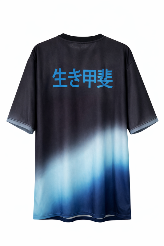 Black and blue gradient t-shirt with Japanese text on a white background