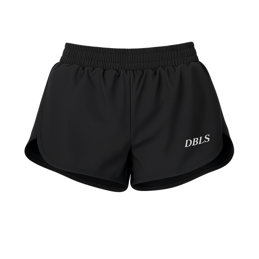 Black shorts with 'DBLS' branding on a white background
