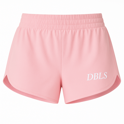 Pink shorts with 'DBLS' branding on a white background