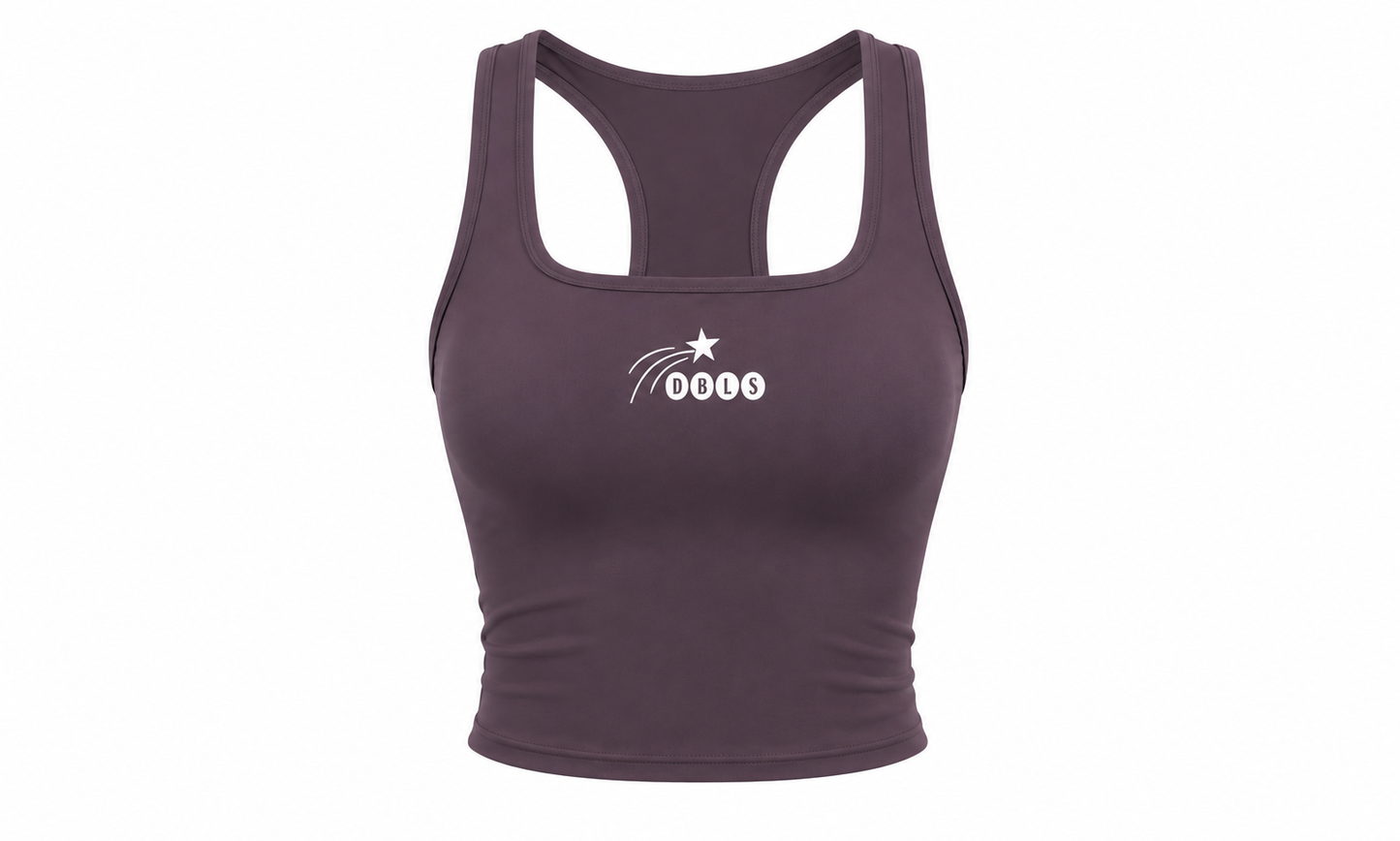 Purple crop top with the DBLS logo and a shooting star on a white background