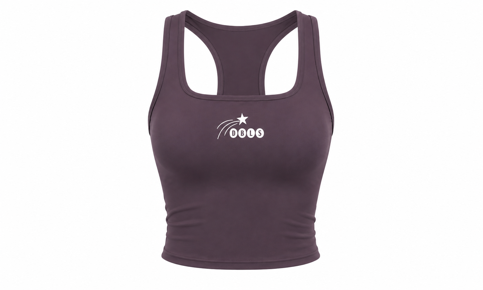 Purple crop top with the DBLS logo and a shooting star on a white background