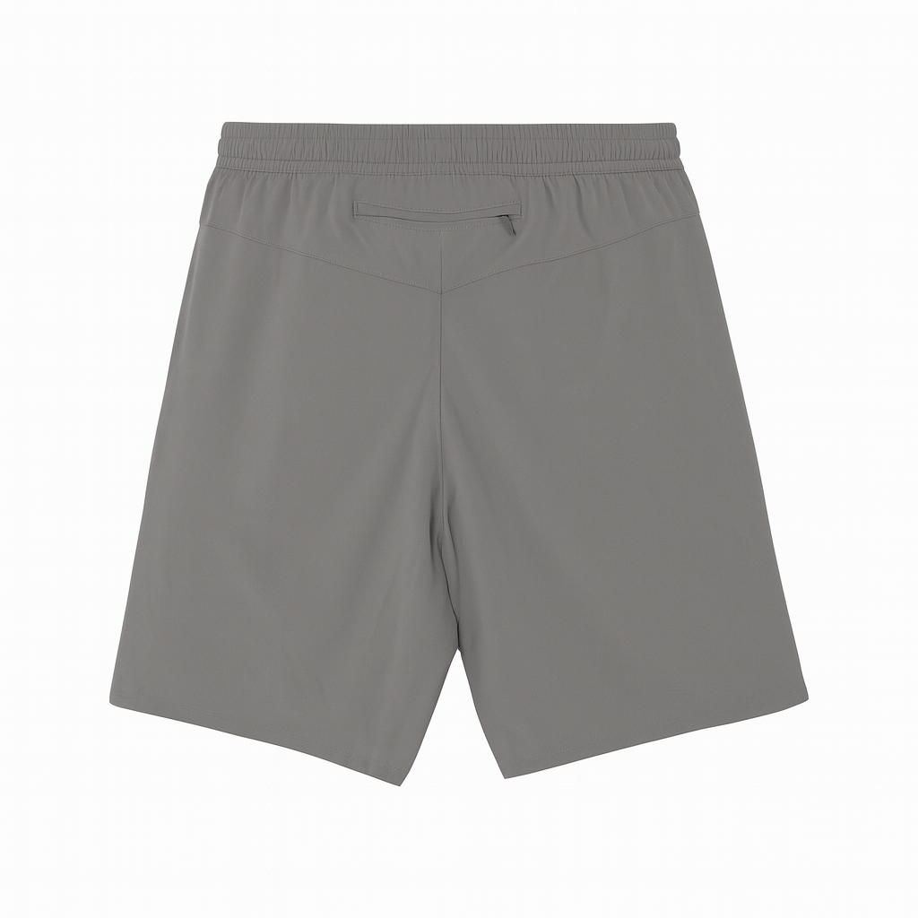 Gray shorts with a zipper across the back on a white background