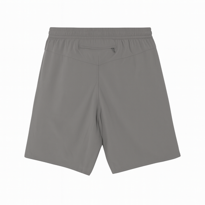 Gray shorts with a zipper across the back on a white background