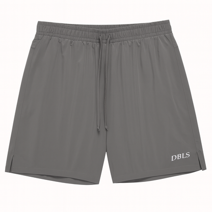 Gray shorts with 'DBLS' logo on a white background