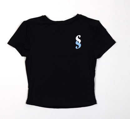 black short sleeve women's activewear top with the SS logo in the front