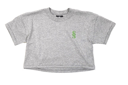 SS logo in the front of the grey cropped tee on the left side of the chest