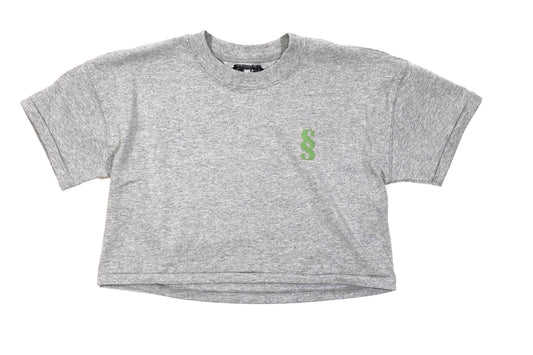 SS logo in the front of the grey cropped tee on the left side of the chest