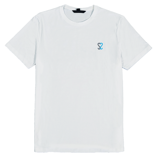 showing the front of the white quick dry tee, ss logo is on the left side of the chest 