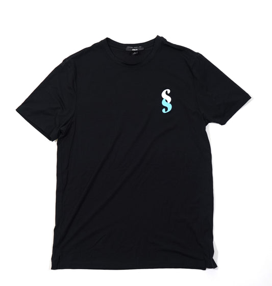 A black short-sleeved crew neck t-shirt with a blue letter 'SS' logo on the chest.