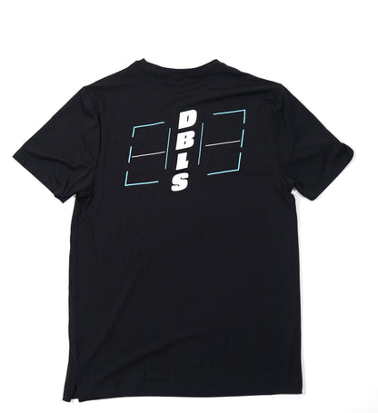 Black shirt with the DBLS logo in the back, it goes down the spine with the court around it