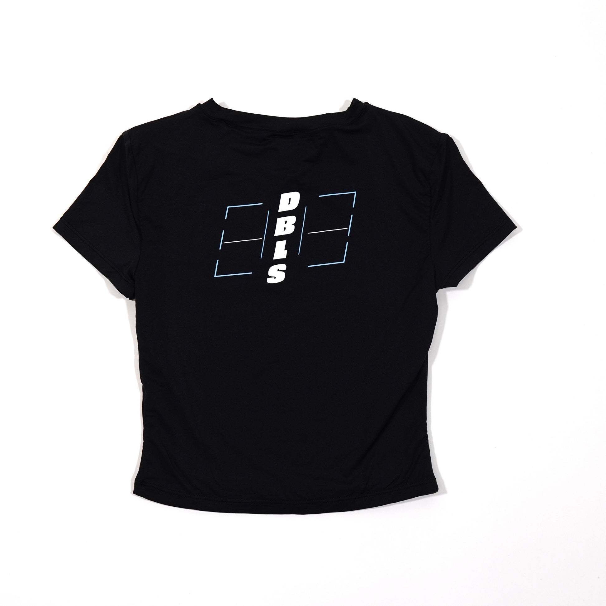 Black women's activewear top with DBLS going down the spine with a pickleball court around it 