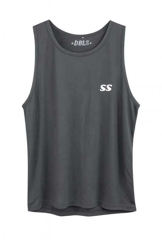 Gray tank top with white SS logo on front over the left side of the chest
