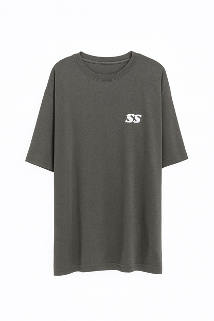 Gray t-shirt with a small white SS logo on the front over the chest