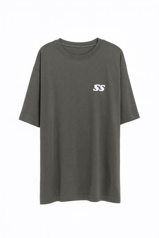 Gray t-shirt with a small white SS logo on the front over the chest