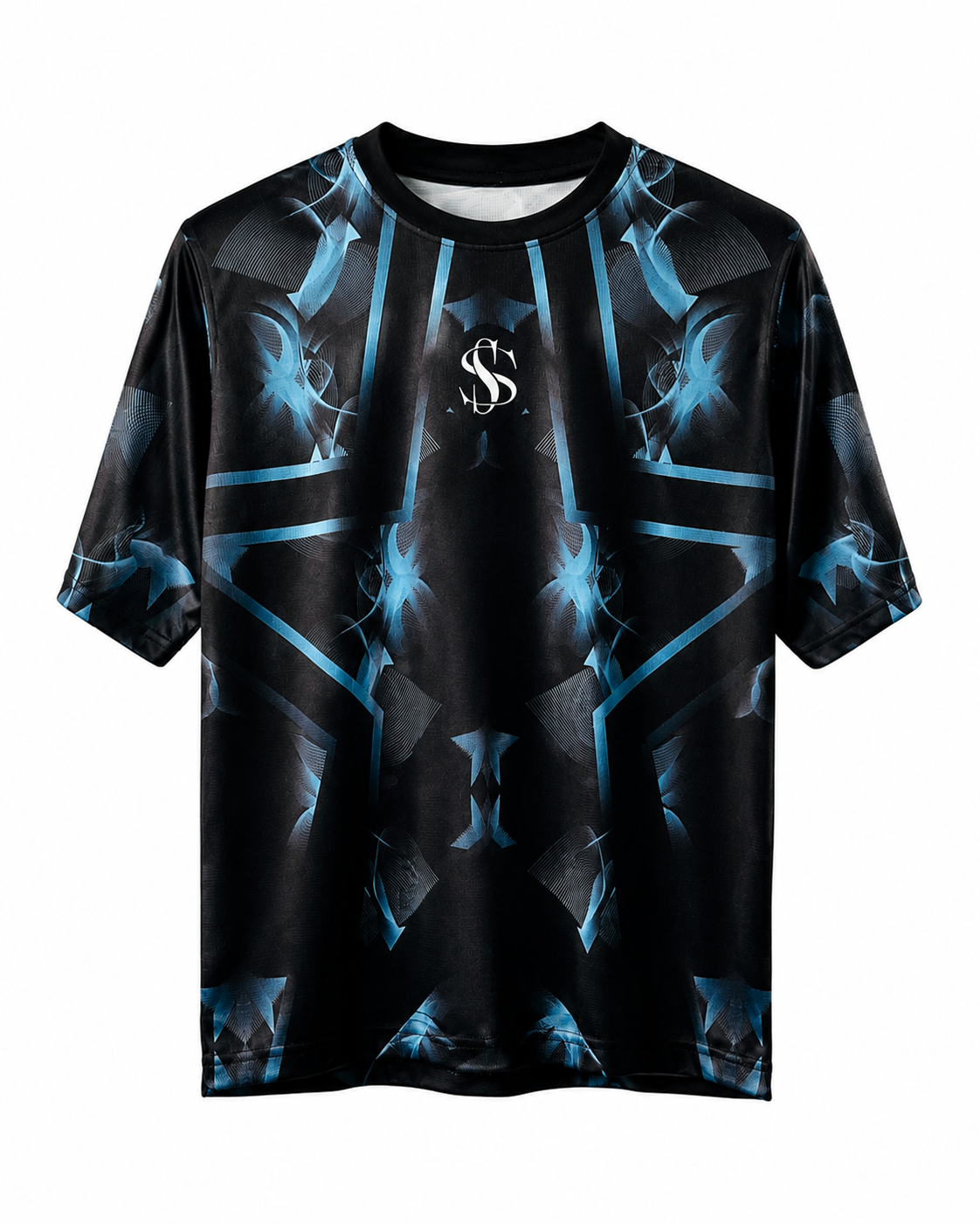 Black t-shirt with blue abstract star design and logo on a white background