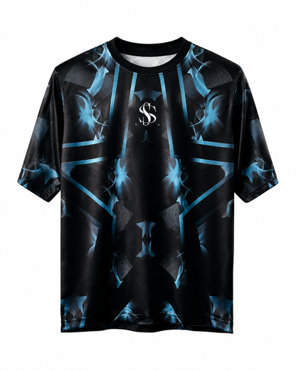 Black t-shirt with blue abstract star design and logo on a white background