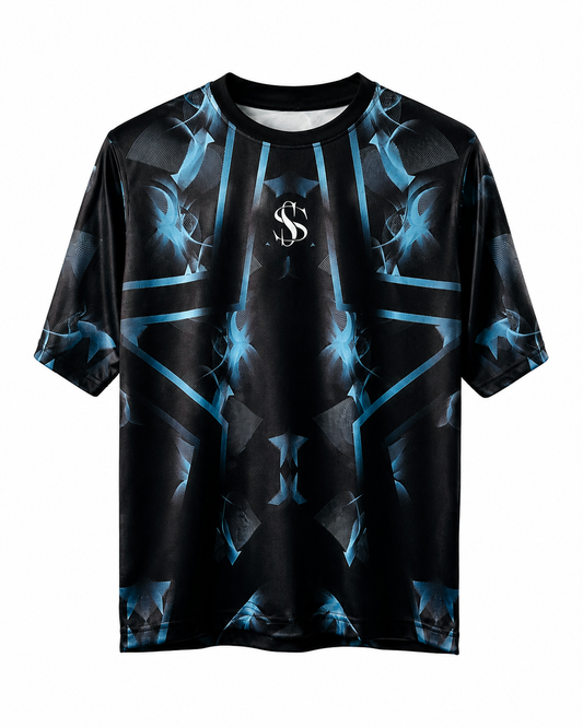 Black t-shirt with blue abstract star design and logo on a white background