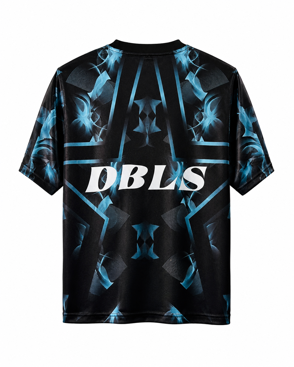 Black jersey with blue and white geometric star pattern and 'DBLS' branding on a white background